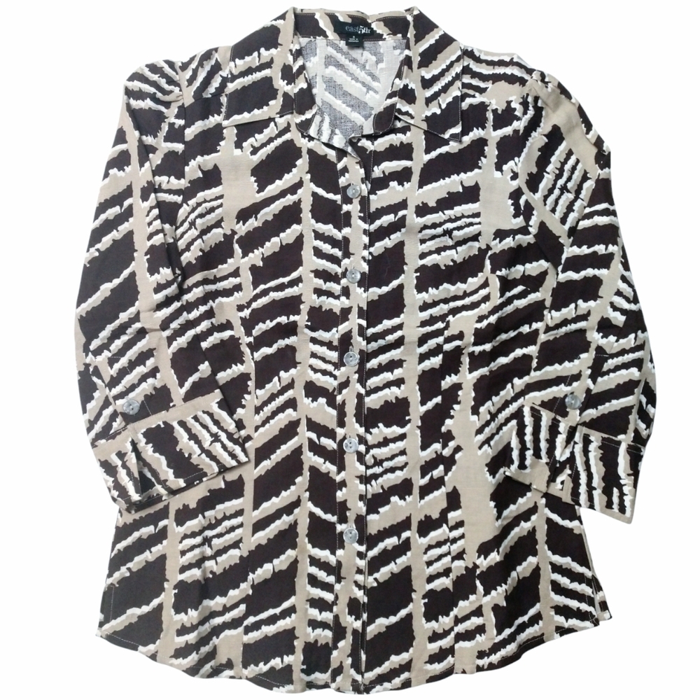 East 5th Women's Geometric Print Brown/Tan Button-Up 3/4 Sleeve Shirt S Small